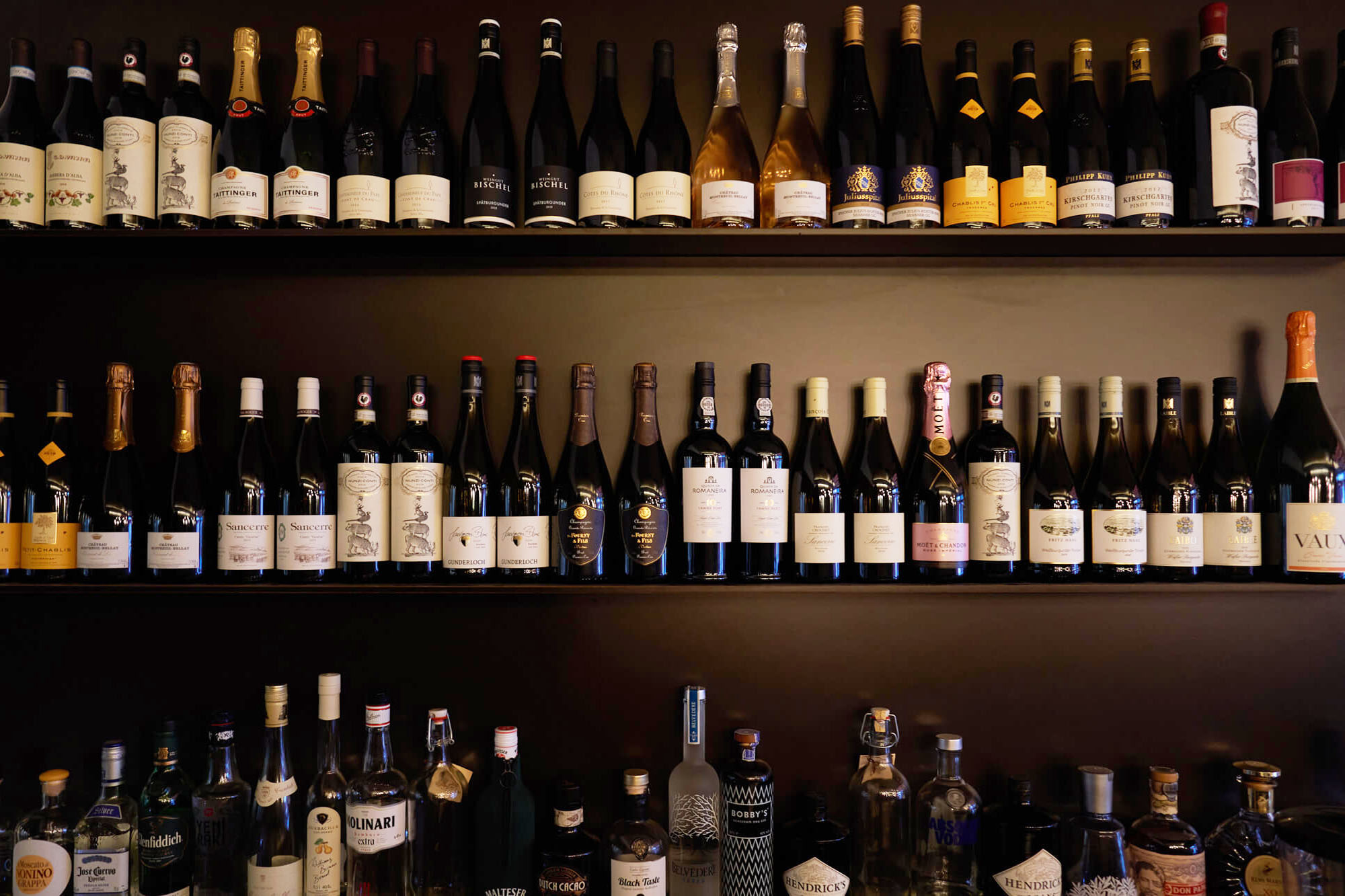 Ein hohes Wandregal befüllt mit vielen verschiedenen Weinflaschen.